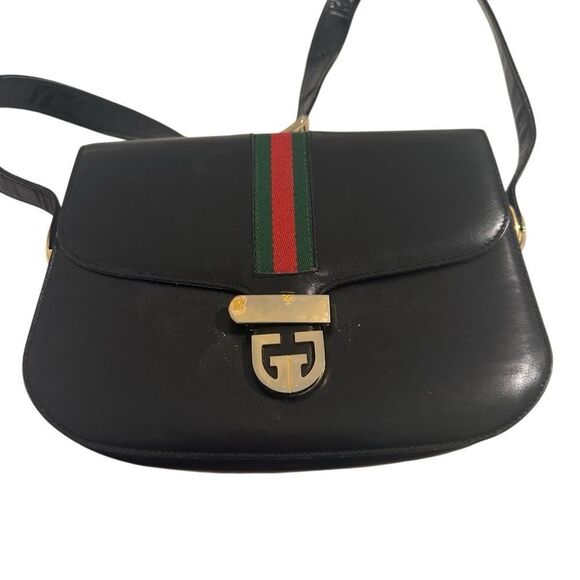 Gucci black leather web accent and gold GG lock shoulder - Picture 9 of 16